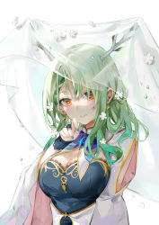 Rule 34 | 1girl, antlers, black dress, blue nails, braid, braided bangs, branch, breasts, bridal gauntlets, ceres fauna, cleavage, closed mouth, commentary, dema hmw, dress, earrings, flower, green hair, hair flower, hair ornament, hair over one eye, hand up, highres, hololive, hololive english, horns, jewelry, long hair, long sleeves, looking at viewer, medium breasts, nail polish, petals, red eyes, simple background, smile, solo, virtual youtuber, white background, white flower, wide sleeves