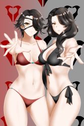 Rule 34 | 2girls, absurdres, bikini, black bikini, black hair, cinder fall, clone, closed mouth, collarbone, cowboy shot, dual persona, gluteal fold, groin, hair over one eye, halterneck, highres, huge filesize, kimmy77, long hair, looking at viewer, multiple girls, navel, outstretched arm, outstretched hand, reaching, reaching towards viewer, red bikini, rwby, short hair, side-tie bikini bottom, smile, standing, swimsuit, yellow eyes