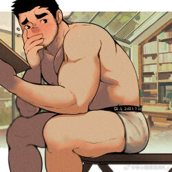 Rule 34 | 1boy, bara, beard stubble, black hair, blush, book, boxers, elbow rest, facial hair, feet out of frame, flying sweatdrops, from side, hand on own cheek, hand on own face, holding, holding book, leaning forward, looking at viewer, male focus, male underwear, muscular, muscular male, nipples, open book, original, pectorals, r.l (2089184064), short hair, shy, sideburns, sitting, solo, stubble, thick eyebrows, thick thighs, thighs, topless male, underwear, white male underwear