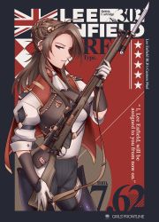 Rule 34 | 1girl, absurdres, bayonet, blueriest, bolt action, braid, breasts, brown hair, character name, closed mouth, copyright name, english flag, english text, girls&#039; frontline, gloves, green eyes, gun, hair ornament, highres, holding, holding gun, holding weapon, knife, lee-enfield, lee-enfield (girls&#039; frontline), lips, long hair, looking at viewer, military, military uniform, rifle, scope, simple background, solo, standing, uniform, union jack, upper body, weapon, white gloves