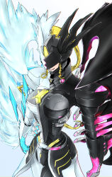 Rule 34 | 1girl, absurdres, armor, asymmetrical armor, asymmetrical hair, asymmetrical wings, blonde hair, breasts, digimon, digimon (creature), fang, fang out, female focus, fusion, high heels, highres, jiyuuya, large breasts, mastemon, solo, wings