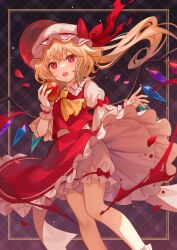 Rule 34 | 1girl, apple, ascot, blonde hair, bloomers, bow, bow bloomers, crossed bangs, crystal, feet out of frame, flandre scarlet, food, frilled skirt, frills, fruit, hat, holding, holding food, holding fruit, lazuri7, long hair, looking at viewer, mob cap, puffy short sleeves, puffy sleeves, red bow, red eyes, red skirt, red vest, shirt, short sleeves, skirt, skirt set, solo, teeth, touhou, underwear, upper teeth only, vest, white bloomers, white hat, white shirt, wings, wrist cuffs, yellow ascot