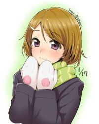 Rule 34 | 10s, 1girl, blush, brown hair, coat, dated, hair ornament, hairclip, happy birthday, koizumi hanayo, looking at viewer, love live!, love live! school idol project, mittens, purple eyes, scarf, short hair, smile, solo, striped clothes, striped scarf, tokita arumi, winter clothes
