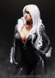 Rule 34 | 1girl, black background, black bodysuit, black cat (marvel), bodysuit, breasts, catsuit, center opening, choker, cleavage, cleavage cutout, clothing cutout, contrapposto, domino mask, felicia hardy, female focus, fur collar, fur trim, gloves, green eyes, hair over one eye, hand on own hip, hands on own hips, jewelry, karl liversidge, large breasts, latex, lips, long hair, looking at viewer, marvel, mask, nose, pendant, shiny clothes, signature, solo, souracid, spider-man (series), standing, superhero costume, unzipped, watermark, web address, white hair, zipper