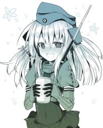 Rule 34 | 10s, 1girl, ai takurou, alcohol, beer, beer can, blush, can, covered navel, cropped jacket, dress, drink can, drunk, fang, garrison cap, gloves, hat, headgear, kantai collection, long hair, military, military uniform, monochrome, nose blush, open mouth, puffy sleeves, solo, tagging in progress, u-511 (kancolle), uniform