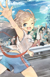 Rule 34 | 2girls, 6+boys, ;d, armpits, blue eyes, brown hair, cheering, cloud, crowd, day, eyelashes, fang, furukawa itsuse, gym uniform, highres, long hair, looking at viewer, looking back, midriff, multiple boys, multiple girls, one eye closed, open mouth, original, outdoors, outstretched arm, road, running, shorts, sky, smile, solo focus, sparkle, tank top, track and field, waving