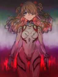 Rule 34 | 1girl, absurdres, blue eyes, bodysuit, breasts, closed mouth, curvy, evangelion: 3.0+1.0 thrice upon a time, hair over one eye, highres, interface headset, long hair, medium breasts, moor, multicolored background, neon genesis evangelion, orange hair, plugsuit, rebuild of evangelion, simple background, solo, souryuu asuka langley, two side up, white bodysuit, wide hips