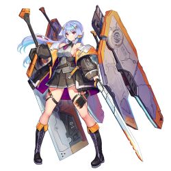 Rule 34 | 1girl, black skirt, blue hair, boots, breasts, coat, full body, game cg, highres, huge weapon, last origin, long hair, looking at viewer, medium breasts, necktie, official art, paintale, pleated skirt, red eyes, sideboob, skirt, solo, source request, sword, tachi-e, tiamat (last origin), transparent background, weapon