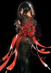 Rule 34 | 1girl, black background, black hair, facing away, feet out of frame, flower, from behind, hand on own arm, highres, long hair, nail polish, original, oversized flower, red nails, red ribbon, ribbon, signature, simple background, solo, spider lily, umishima senbon