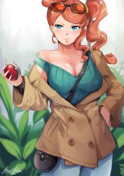 Rule 34 | 1girl, bag, between breasts, blue eyes, blue pants, blush, breasts, brown jacket, cleavage, collarbone, creatures (company), dated, eyewear on head, game freak, green shirt, hair ornament, hand on own hip, handbag, heart, heart hair ornament, hiroki ree, holding, holding poke ball, jacket, large breasts, long hair, nintendo, off shoulder, open clothes, open jacket, orange hair, pants, poke ball, poke ball (basic), pokemon, pokemon swsh, ribbed shirt, shirt, side ponytail, signature, single bare shoulder, sleeveless, sleeveless shirt, smile, solo, sonia (pokemon), strap between breasts, sunglasses