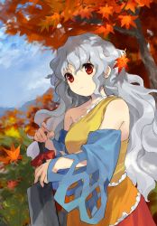 Rule 34 | 1girl, absurdres, autumn leaves, blue sleeves, bow, breasts, cleaver, clothing cutout, cowboy shot, day, detached sleeves, dress, expressionless, grey hair, highres, holding, holding weapon, kaigen 1025, leaf, long hair, looking at viewer, multicolored clothes, multicolored dress, outdoors, red bow, red eyes, sakata nemuno, single strap, solo, standing, touhou, tree, very long hair, wavy hair, weapon