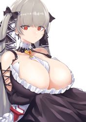 Rule 34 | 1girl, azur lane, bare shoulders, between breasts, black dress, breasts, cleavage, clothing cutout, detached collar, dress, earrings, formidable (azur lane), frilled dress, frills, grey hair, highres, huge breasts, jewelry, long hair, looking at viewer, necktie, necktie between breasts, red eyes, shoulder cutout, simple background, solo, take yaki, twintails, two-tone dress, two-tone ribbon, very long hair, white background