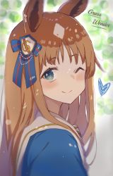 Rule 34 | 1girl, ;), absurdres, animal ears, blue eyes, blue shirt, blush, brown hair, character name, closed mouth, commentary request, from side, grass wonder (umamusume), heart, highres, horse ears, kogalashi, looking at viewer, looking to the side, one eye closed, shirt, smile, solo, umamusume, upper body