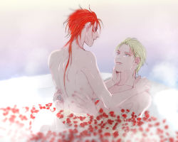 Rule 34 | 2boys, bath, bathing, blonde hair, blue eyes, collarbone, final fantasy, final fantasy vii, green eyes, hand on another&#039;s back, hand on another&#039;s cheek, hand on another&#039;s neck, hand on another&#039;s shoulder, long hair, looking at another, male focus, multiple boys, nude, parted lips, petals, petals on liquid, red hair, reno (ff7), rufus shinra, short hair, shoulder blades, square enix, steam, turks (ff7), water, water drop, wet, wet hair, yaoi