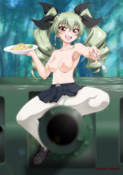 Rule 34 | 1girl, anchovy (girls und panzer), anzio school uniform, blush, breasts, cameltoe, collarbone, drill hair, food, fork, girls und panzer, green hair, hair ornament, hair ribbon, kaname aomame, large breasts, looking at viewer, microskirt, military, military vehicle, motor vehicle, navel, nipples, no bra, open mouth, outdoors, pantyhose, pasta, red eyes, ribbon, school uniform, sitting, skirt, smile, solo, tank, topless, twin drills, twintails, white pantyhose