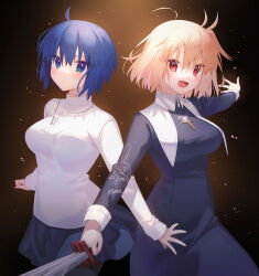 2girls ahoge alternate_costume arcueid_brunestud arcueid_brunestud_(cosplay) aro_1801 between_fingers black_background black_dress black_keys_(type-moon) blonde_hair blue_eyes blue_hair blue_skirt blurry ciel_(tsukihime) ciel_(tsukihime)_(cosplay) closed_mouth commentary_request cosplay costume_switch cowboy_shot cross cross_necklace depth_of_field dress gradient_background hair_between_eyes highres holding jewelry latin_cross light_blush light_particles long_sleeves looking_at_viewer melty_blood multiple_girls necklace nun open_mouth outstretched_arm red_eyes shirt short_hair side-by-side skirt smile traditional_nun tsukihime tsukihime_(remake) turtleneck turtleneck_shirt twitter_username type-moon white_shirt