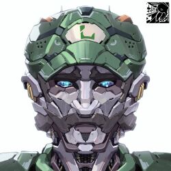 Rule 34 | artist logo, blue eyes, commentary, english commentary, facial hair, highres, looking at viewer, luigi, mar10, mario (series), mecha, mechanization, mustache, nintendo, no humans, portrait, robot, science fiction, solo, straight-on, white background