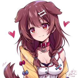 Rule 34 | 1girl, animal ears, blue bow, blush, bone hair ornament, bone print, bow, braid, breasts, brown eyes, brown hair, buttons, cleavage, closed mouth, collar, dog ears, dog girl, dress, fang, fang out, hair between eyes, hair ornament, hair tie, hairclip, heart, highres, hololive, inugami korone, inugami korone (1st costume), jacket, likauce, long sleeves, medium breasts, off shoulder, paw print, red bow, signature, smile, solo, tail, upper body, virtual youtuber, white background, white dress, yellow jacket