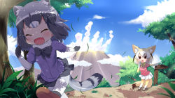 Rule 34 | 10s, 2girls, :d, ^ ^, animal ears, black hair, black neckwear, blonde hair, blue sky, bow, bowtie, calling, chibi, closed eyes, cloud, commentary request, common raccoon (kemono friends), day, extra ears, closed eyes, fang, fennec (kemono friends), fox ears, fox tail, fur collar, grey hair, highres, kemono friends, makuran, medium hair, miniskirt, multicolored hair, multiple girls, nature, open mouth, outdoors, pantyhose, pointing, raccoon ears, raccoon tail, running, sandstar, skirt, sky, smile, sunlight, tail, thighhighs, tree, volcano, white hair, white legwear