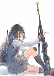 Rule 34 | 1girl, backpack, bag, black hair, black socks, bug, daito, dragonfly, dragunov svd, gloves, green gloves, gun, hair ornament, hairclip, headset, highres, holding, holding gun, holding weapon, insect, kneehighs, loafers, long hair, original, pleated skirt, ponytail, pouch, rifle, school uniform, shoes, sitting, skirt, smile, sniper rifle, socks, solo, walkie-talkie, weapon