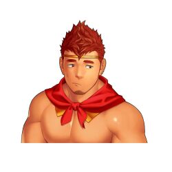 Rule 34 | 1boy, bara, ear piercing, earrings, facial hair, gyee, highres, itto (mentaiko), jewelry, kong (gyee), large pectorals, looking to the side, male focus, manly, mature male, muscular, muscular male, nipples, pectorals, piercing, red eyes, red hair, sad, scarf, spiked hair, sprite, stubble, sweat, sweatdrop, thick eyebrows, topless male, upper body
