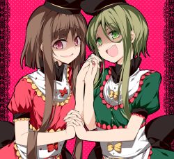 Rule 34 | 2girls, apron, black hat, brown hair, commentary request, crazy smile, dress, green dress, green eyes, green hair, green nails, hat, holding hands, interlocked fingers, looking at viewer, multiple girls, nail polish, nishida satono, open mouth, red background, red dress, red eyes, red nails, sakurame, shaded face, short hair with long locks, smile, teireida mai, touhou, upper body