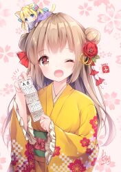 Rule 34 | 1girl, 2022, ;d, blunt bangs, blush, bow, brown eyes, brown hair, cherry blossom print, chibi, chibi on head, commentary request, dated, double bun, eyelashes, floral print, flower, frilled sleeves, frills, hair bow, hair bun, hair flower, hair ornament, happy, holding, holding paper, irori, japanese clothes, kanzashi, kimono, koharu (irori), long hair, long sleeves, looking at viewer, new year, notice lines, omikuji, on head, one eye closed, open mouth, original, paper, pink background, red bow, red flower, sidelocks, signature, simple background, smile, solo, upper body, wide sleeves, yellow kimono