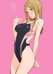Rule 34 | 1girl, black one-piece swimsuit, breasts, brown eyes, commentary request, competition swimsuit, cowboy shot, highleg, highleg swimsuit, highres, humiyou, idolmaster, idolmaster million live!, light brown hair, long hair, looking at viewer, medium breasts, momose rio, one-piece swimsuit, pink background, simple background, solo, standing, swimsuit, translation request