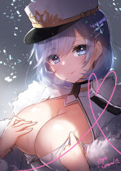 Rule 34 | 1girl, absurdres, apple caramel, azur lane, blue eyes, blue hair, blush, breasts, chapayev (azur lane), gloves, hair ornament, hairclip, hat, highres, jacket, large breasts, looking at viewer, military hat, peaked cap, short hair, smile, snowing, solo, white hat, white jacket