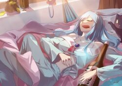 Rule 34 | 1girl, alcohol, aqua (konosuba), bed, belly, blue eyes, blue gemstone, blue hair, blue pajamas, bottle, bow, chomusuke, closed eyes, coin, cup, drooling, gem, gold, gold coin, hair ornament, hair rings, hand fan, hand on own stomach, happy, highres, holding, holding bottle, kono subarashii sekai ni shukufuku wo!, long hair, messy, mi24789, morning, mouth drool, on bed, open mouth, pajamas, playing with another&#039;s hair, red bow, saliva, sleeping, sleepwear, smile, solo, sunlight, sunrise, very long hair