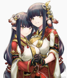 Rule 34 | 2girls, black gloves, black hair, blunt bangs, blush, breasts, closed mouth, commentary, cowboy shot, eyeshadow, gloves, gold trim, grey background, hair ornament, hinoa, holding hands, interlocked fingers, japanese clothes, large breasts, long hair, looking at viewer, makeup, medium breasts, minoto, monster hunter (series), monster hunter rise, multiple girls, parted lips, phino, pointy ears, red eyeshadow, siblings, sidelocks, simple background, sisters, smile, straight hair, tassel, tsurime, twins, twitter username, wide sleeves, yellow eyes