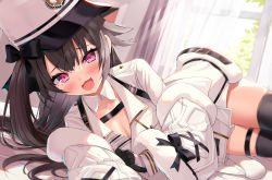 Rule 34 | 1girl, :3, :d, azur lane, black gloves, black hair, black thighhighs, blush, breasts, cleavage, coat, coat dress, collarbone, commentary request, cowboy shot, curtains, detached collar, dress, fang, fur-trimmed coat, fur trim, gloves, hair between eyes, hat, highres, indoors, kyonta, large breasts, light rays, long hair, long sleeves, looking at viewer, lying, off shoulder, on bed, on side, one side up, open mouth, padded coat, pamiat merkuria (azur lane), purple eyes, shadow, sidelocks, skindentation, smile, solo, sunbeam, sunlight, thigh strap, thighhighs, white coat, white dress, white hat, window, zettai ryouiki