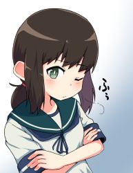 Rule 34 | 1girl, black hair, blue background, blue sailor collar, commentary request, crossed arms, eien no murphy, fubuki (kancolle), gradient background, green eyes, highres, kantai collection, looking at viewer, low ponytail, one eye closed, ponytail, sailor collar, school uniform, serafuku, short ponytail, sidelocks, solo, upper body, white background