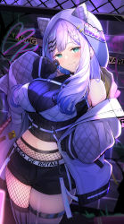 Rule 34 | 1girl, absurdres, blue hair, braid, breasts, colored inner hair, fishnets, french braid, gloves, graffiti, green eyes, grey hair, haidollo, hair ornament, hairclip, highres, hololive, hololive indonesia, hood, hood up, hoodie, jacket, jacket partially removed, large breasts, long hair, midriff, multicolored hair, navel, pavolia reine, pavolia reine (streetwear), shirt, shorts, sleeveless, sleeveless shirt, solo, thigh strap, virtual youtuber