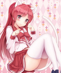 Rule 34 | 1girl, animal ears, argyle, argyle background, argyle clothes, bad id, bad pixiv id, blouse, blush, bow, cat ears, cat tail, closed mouth, kousaka tamaki, long hair, long sleeves, looking at viewer, miniskirt, paw pose, paw print, pleated skirt, red bow, red hair, red skirt, school uniform, serafuku, shirt, shoes, sitting, skirt, smile, solo, tail, thighhighs, to heart (series), to heart 2, white shirt, yuzu-aki, zettai ryouiki