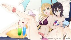 Rule 34 | 10s, 2girls, :d, ankle scrunchie, arm at side, arm support, bandeau, bare arms, bare legs, bare shoulders, barefoot, beach umbrella, bikini, black hair, blonde hair, breasts, cleavage, closed mouth, cocktail, collarbone, drink, drinking straw, feet, female focus, floral print, flower, food, fruit, gamers!, green eyes, grey eyes, hair between eyes, halftone, hand up, handheld game console, happy, highres, holding, hoshinomori chiaki, knee up, knees up, leg up, legs, lily (flower), long hair, looking at viewer, medium breasts, midriff, multiple girls, navel, neck, nintendo, nintendo dsi, noco (adamas), official art, open mouth, orange (fruit), orange slice, parasol, pillow, plantar flexion, print bikini, print swimsuit, purple bikini, red scrunchie, scrunchie, short hair, side-by-side, sitting, smile, strapless, strapless bikini, striped bikini, striped clothes, swimsuit, tendou karen, umbrella, watermark, white flower