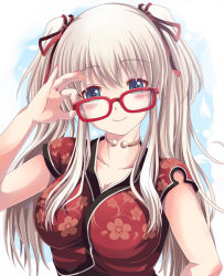 Rule 34 | 1girl, alternate color, bespectacled, blue eyes, blush, breasts, china dress, chinese clothes, cleavage, dress, glasses, hair ribbon, large breasts, long hair, mabinogi, nao (mabinogi), ribbon, silver hair, sisco, smile, solo, twintails