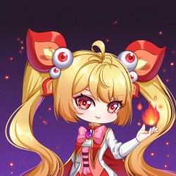 Rule 34 | 1girl, absurdres, antenna hair, blonde hair, bow, bowtie, chibi, dress, eyeball hair ornament, fire, gradient background, hand up, head tilt, highres, kumu zaisheng, long hair, long sleeves, magical girl, original, pink bow, pink bowtie, purple background, red dress, red eyes, smile, solo, twintails, two-tone dress, upper body, white dress