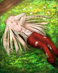 Rule 34 | 1girl, bad id, bad pixiv id, cacao devil, flower, fujiwara no mokou, grass, hair ribbon, hand on own face, long hair, looking at viewer, outstretched hand, pants, red eyes, ribbon, touhou, white flower, white hair