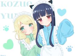 Rule 34 | 2girls, :o, animal ears, apron, blonde hair, blue hair, blue jacket, blush, cat ears, character name, commentary, expressionless, flat chest, frilled apron, frills, green eyes, green jacket, hair flaps, heart, highres, idolmaster, idolmaster cinderella girls, jacket, long hair, long sleeves, looking at viewer, low twintails, maid headdress, medium hair, multiple girls, paw print, red eyes, rokas art, sajo yukimi, sidelocks, sleeves past fingers, sleeves past wrists, track jacket, twintails, upper body, white apron, white background, yusa kozue, zipper, zipper pull tab