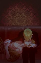 Rule 34 | 2boys, bent over, blonde hair, couch, closed eyes, face-to-face, formal, green hair, hand on another&#039;s head, highres, holding hands, indoors, jacket, japanese clothes, kiss, lap pillow, long sleeves, lying, mrs.custard, multiple boys, nipples, off shoulder, on back, on couch, one piece, pants, pectorals, roronoa zoro, sanji (one piece), short hair, sitting, suit, suit jacket, yaoi
