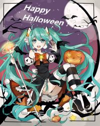 Rule 34 | 1girl, akira (ying), aqua eyes, aqua hair, bat (animal), bat wings, detached sleeves, dress, earrings, full moon, halloween, hatsune miku, highres, jack-o&#039;-lantern, jewelry, long hair, looking at viewer, moon, open mouth, sitting, solo, striped clothes, striped thighhighs, thighhighs, twintails, very long hair, vocaloid, wings