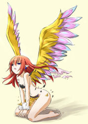 Rule 34 | 1girl, barefoot, bird, blue eyes, breasts, kneeling, monster girl, multicolored wings, phoenix, red hair, rune factory, rune factory 3, simple background, small breasts, solo, toona, torn clothes, wings, yellow background