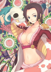 Rule 34 | boa hancock, breasts, cape, cleavage, earrings, epaulettes, highres, jewelry, long hair, midriff, one piece, salome (one piece), snake