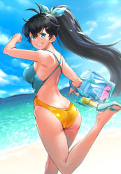 Rule 34 | 1girl, antenna hair, ass, back, bag, beach, black hair, blue eyes, blue ribbon, blue sky, blush, breasts, butt crack, casual one-piece swimsuit, day, duplicate, dutch angle, flip-flops, from behind, ganaha hibiki, grin, hair ornament, hair ribbon, hairclip, handbag, highres, holding, holding bag, idolmaster, idolmaster (classic), large breasts, long hair, looking at viewer, looking back, mikel (4hands), ocean, one-piece swimsuit, outdoors, ponytail, ribbon, running, sandals, shiny clothes, sideboob, sky, smile, solo, swimsuit