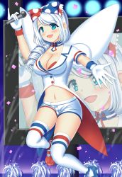 Rule 34 | 1girl, angel wings, bad id, bad pixiv id, blue eyes, breasts, creatures (company), fountain, game freak, gen 4 pokemon, gloves, highres, idol, large breasts, long hair, looking at viewer, microphone, navel, nintendo, personification, pokemon, revealing clothes, shorts, smile, solo, thighhighs, togekiss, white gloves, white hair, white shorts, white thighhighs, wings, yukimura chisa