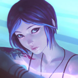 Rule 34 | 1girl, blue background, blue hair, bob cut, chloe price, closed mouth, collarbone, eyeliner, head tilt, ilya kuvshinov, jewelry, life is strange, lips, looking at viewer, makeup, necklace, parted bangs, partially submerged, portrait, purple eyes, short hair, sleeveless, solo, strap, swimming, tattoo, wet, wet hair, wristband
