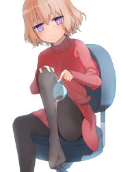 Rule 34 | 1girl, absurdres, black pantyhose, blend s, blush, brown hair, chair, closed mouth, cup, dress, frown, hair between eyes, hand on own knee, highres, holding, holding cup, hoshikawa mafuyu, looking at viewer, office chair, pantyhose, pouring, purple eyes, sharpheon, short hair, simple background, sitting, sleeves past wrists, solo, sweater, sweater dress, swivel chair, teacup, turtleneck, white background