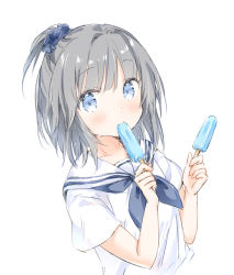 Rule 34 | 1girl, blue eyes, blue neckerchief, blue scrunchie, blush, closed mouth, commentary request, cropped torso, food, grey hair, hair ornament, hair scrunchie, hands up, holding, holding food, neckerchief, original, ponytail, popsicle, sailor collar, school uniform, scrunchie, serafuku, shirt, short sleeves, simple background, solo, sweat, upper body, wataame27, white background, white sailor collar, white shirt