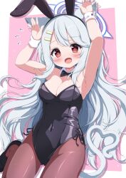 Rule 34 | 1girl, absurdres, animal ears, black leotard, cat ears, cat girl, cat tail, fake animal ears, g4ku, grey hair, halo, heart, heart-shaped pupils, heart tail, highres, leotard, open mouth, original, playboy bunny, rabbit ears, red eyes, solo, strapless, symbol-shaped pupils, tail, wrist cuffs